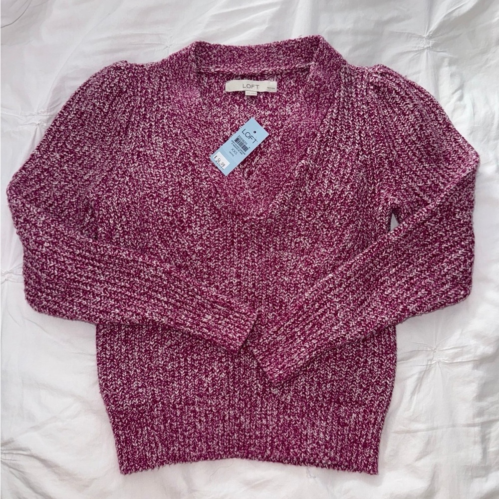 LOFT Petite Marled Ribbed V-neck Sweater XXSP NWT Pink Purple Magenta White Knit